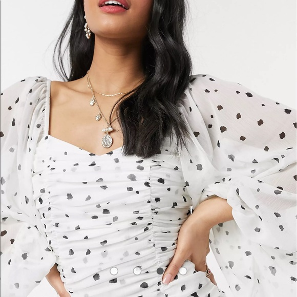 ASOS DESIGN ruched bodycon mini dress with balloon sleeves in polka dot size 10 - Picture 4 of 9